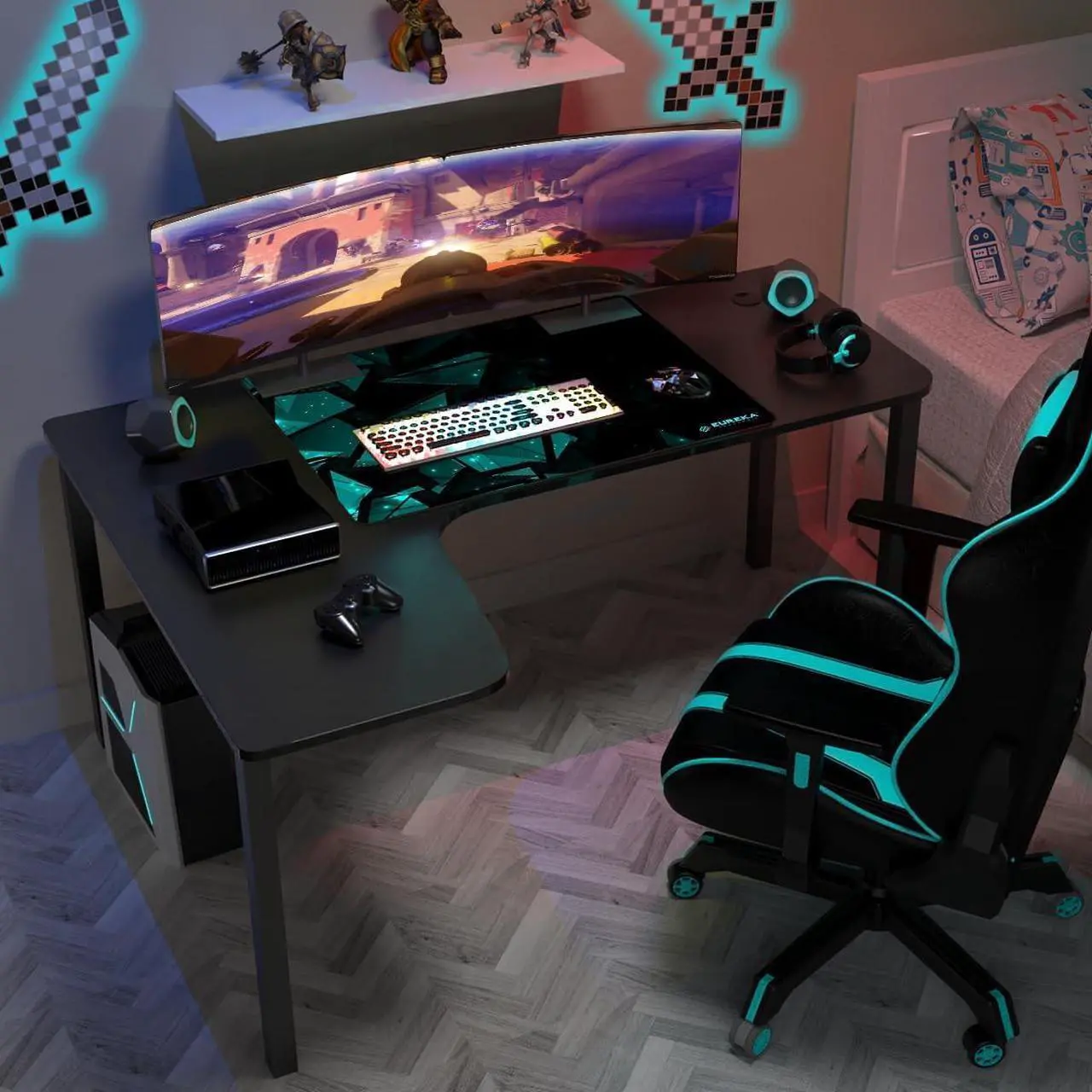 Alt view image 5 of 7 - DESIGNA 60 Inch L Shaped Gaming Desk, Corner Computer Desk, Home Office Study Writing Desk, Larger Gaming Table Gamer Workstation with Large Mouse Pad, Space Saving, Easy to Assemble, Left Side Black
