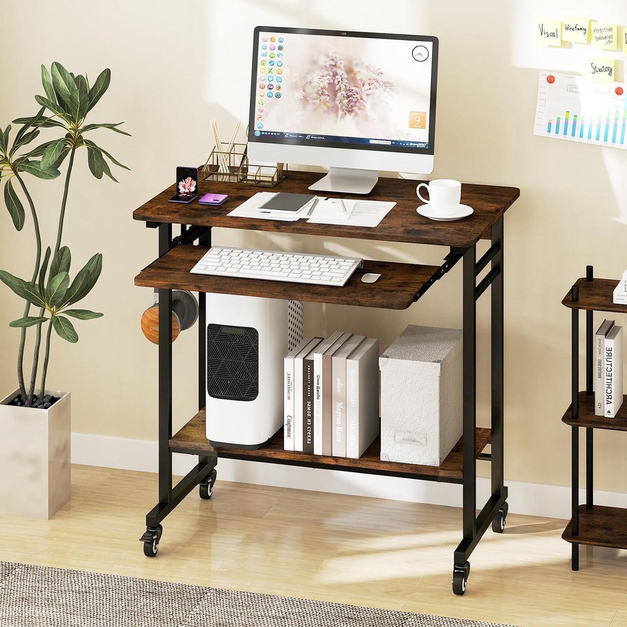 Alt view image 2 of 7 - Tangkula Rolling Computer Desk Cart with Keyboard Tray, Mobile Portable Laptop PC Desk with CPU Stand & 3 Hooks for Sofa & Bed, Industrial Small Desk on Wheels for Small Spaces, Home Office Desk