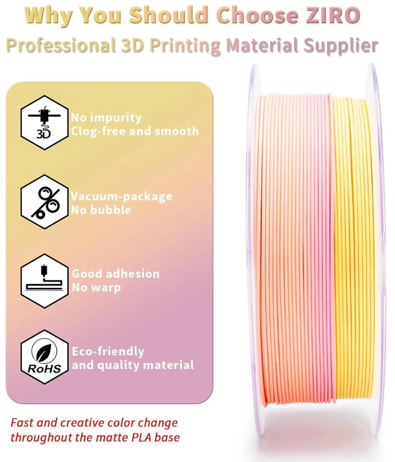 Alt view image 3 of 7 - ZIRO 3D Printer Filament PLA, Fast Color Changing Filament(Matte), Color Change by Length PLA, Fit Most FDM 3D Printers, Matte Finish 1KG/ 2.2lbs Spool, Sunlit Petal