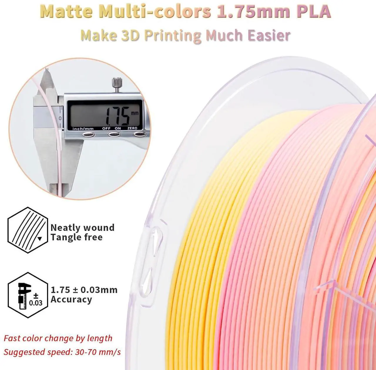 Alt view image 4 of 7 - ZIRO 3D Printer Filament PLA, Fast Color Changing Filament(Matte), Color Change by Length PLA, Fit Most FDM 3D Printers, Matte Finish 1KG/ 2.2lbs Spool, Sunlit Petal