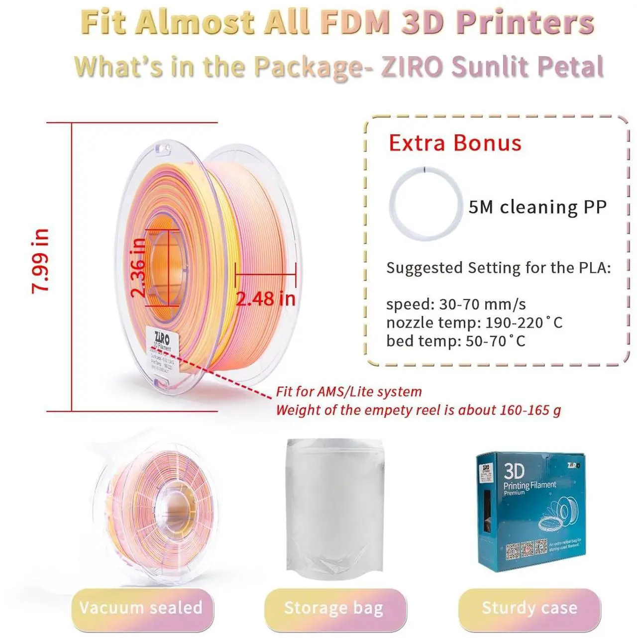 Alt view image 5 of 7 - ZIRO 3D Printer Filament PLA, Fast Color Changing Filament(Matte), Color Change by Length PLA, Fit Most FDM 3D Printers, Matte Finish 1KG/ 2.2lbs Spool, Sunlit Petal