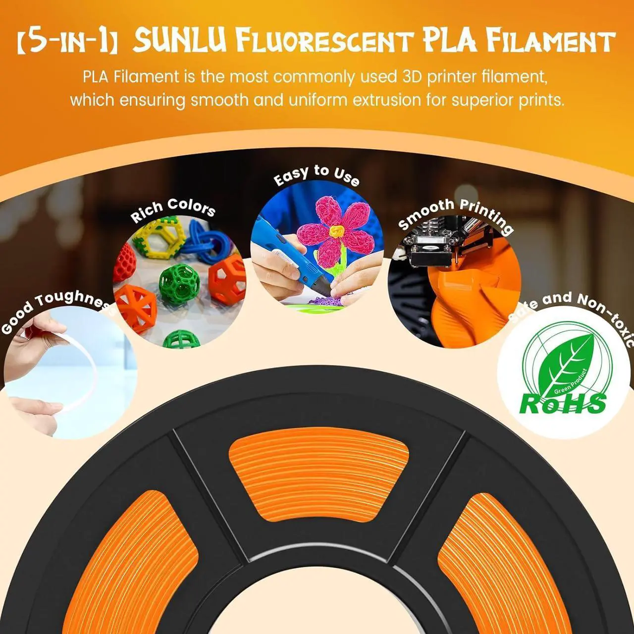 Alt view image 5 of 7 - SUNLU Fluorescent PLA 3D Printer Filament, PLA Filament 1.75mm, Brighter Color for Halloween Decoration, Neatly Wound Filament, Fit Most FDM 3D Printer, 1kg Spool, Fluorescent Yellow