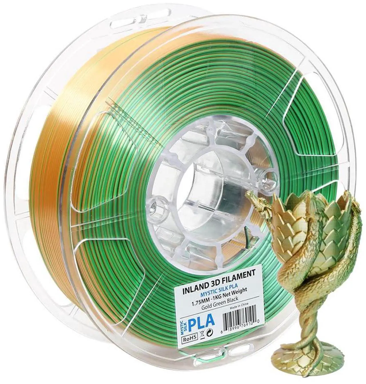 Main image of INLAND Micro Center Mystic Silk PLA Filament - Black Gold Green Tri-Color 3D Printing Filament - Three Color Coextrusion Silk 3D Printer Filament 1.75mm - Dimensional Accuracy +/- 0.03mm - 1kg
