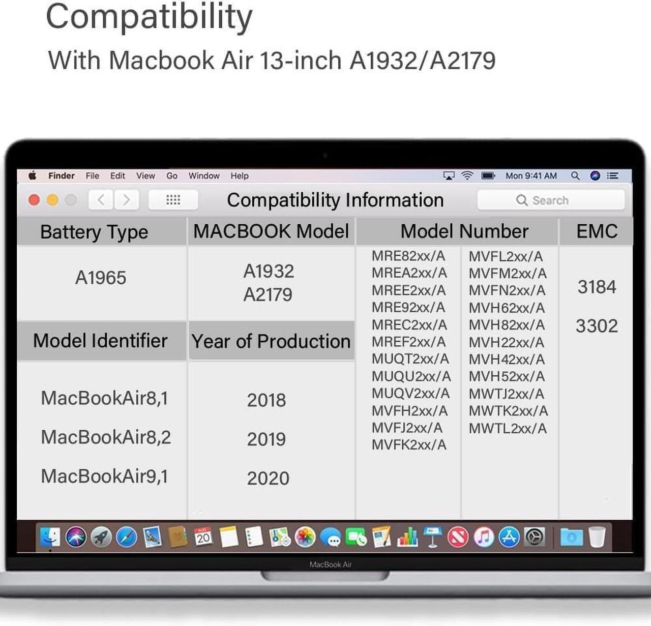 Alt view image 2 of 7 - A1932 A2179 Battery Replacement A1965 Battery for MacBook Air 13 inch Retina A1932 (Year 2018-2019) A2179 (Year 2020) EMC 3184 3302,A1965 Laptop Battery
