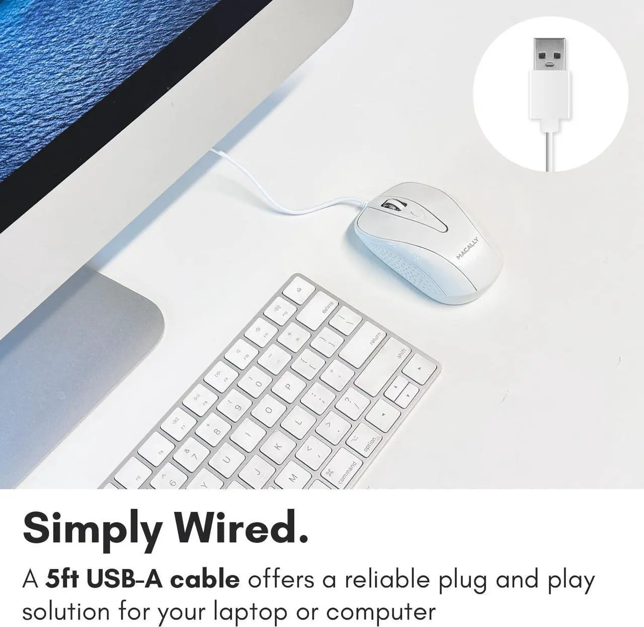 Alt view image 2 of 7 - Macally USB Wired Mouse with 3 Button, Scroll Wheel, & 5 Foot Long Cord, USB Mouse for Laptop and Desktop, Computer Mouse Wired Compatible with Apple Macbook, iMac, Mac Mini, Windows PC, & Chromebook