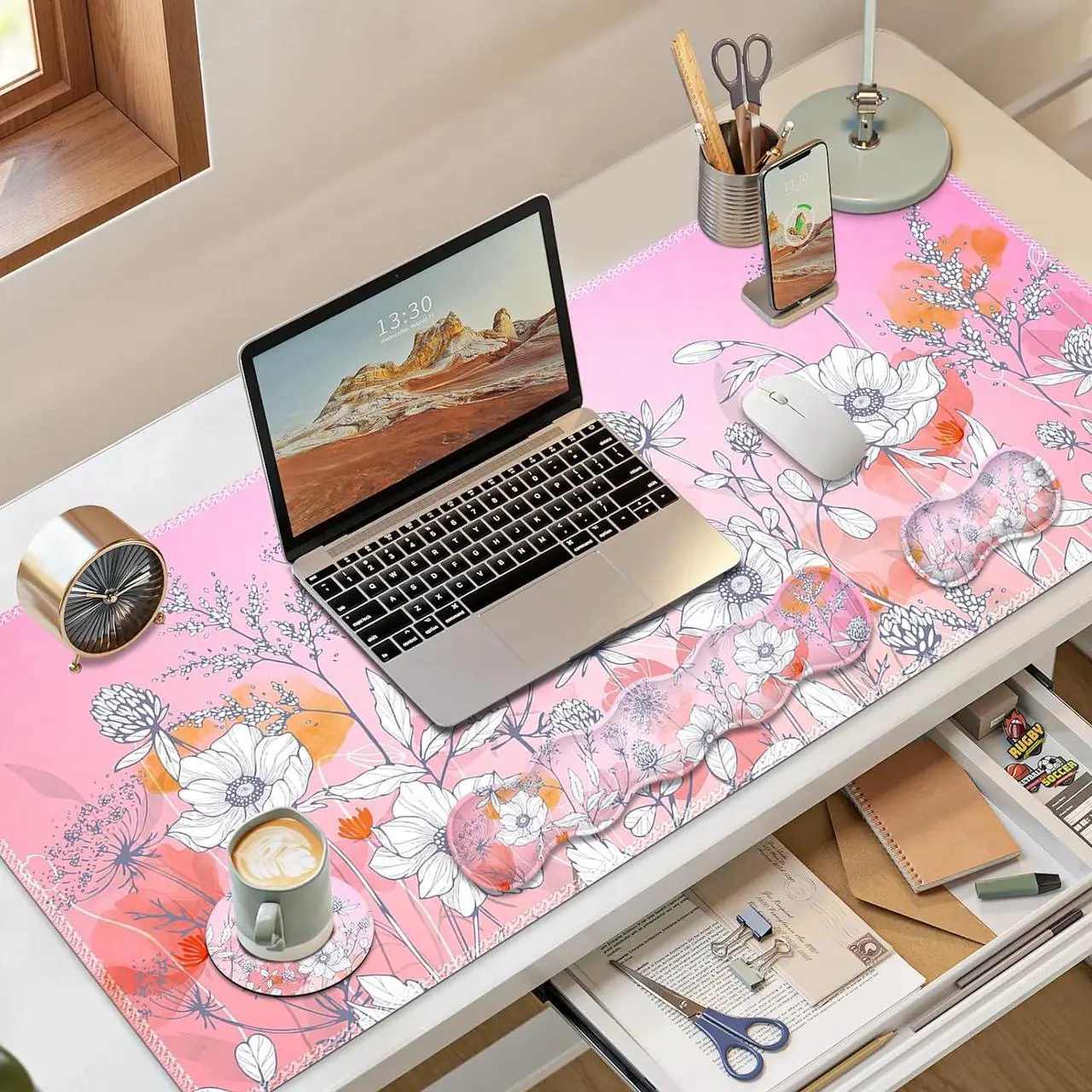 Alt view image 2 of 7 - Gaming Mouse Pad Keyboard Wrist Support, 4 in1 Mousepad with Wrist Keyboard Rest, Computer Desk Mat, Non-Slip Desk Pad Protector with Memory Foam Easy Typing Pain Relief I Pink Flowers