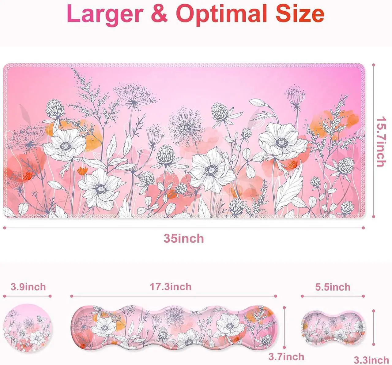 Alt view image 3 of 7 - Gaming Mouse Pad Keyboard Wrist Support, 4 in1 Mousepad with Wrist Keyboard Rest, Computer Desk Mat, Non-Slip Desk Pad Protector with Memory Foam Easy Typing Pain Relief I Pink Flowers