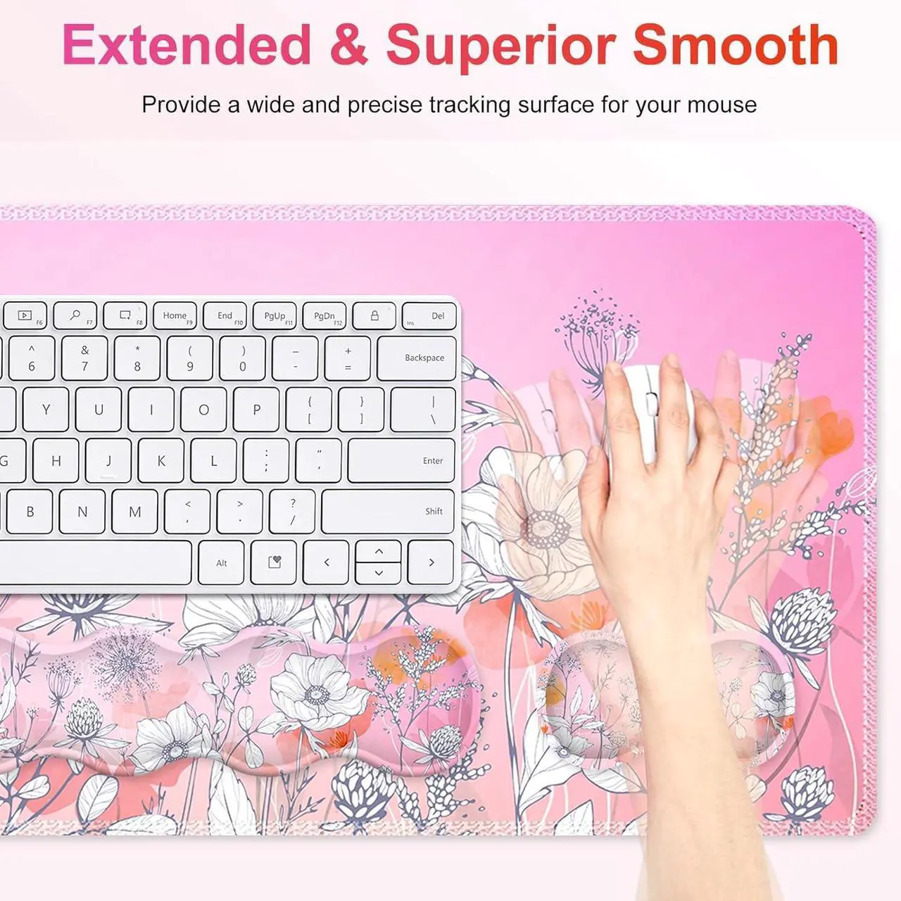 Alt view image 4 of 7 - Gaming Mouse Pad Keyboard Wrist Support, 4 in1 Mousepad with Wrist Keyboard Rest, Computer Desk Mat, Non-Slip Desk Pad Protector with Memory Foam Easy Typing Pain Relief I Pink Flowers
