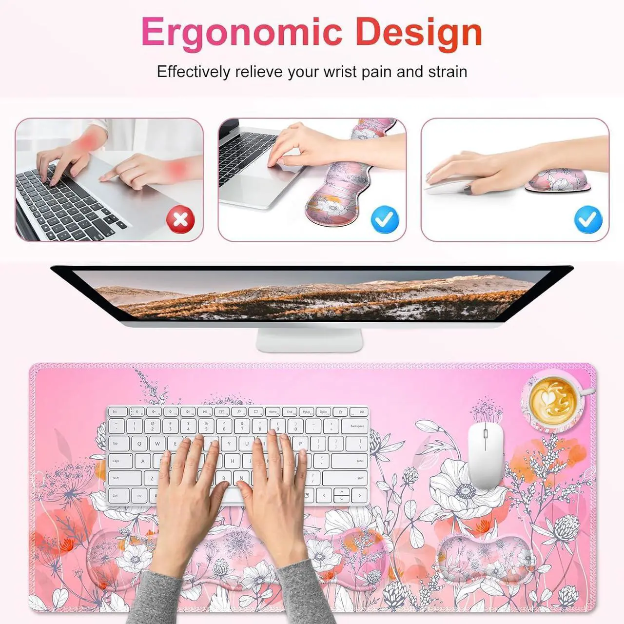 Alt view image 5 of 7 - Gaming Mouse Pad Keyboard Wrist Support, 4 in1 Mousepad with Wrist Keyboard Rest, Computer Desk Mat, Non-Slip Desk Pad Protector with Memory Foam Easy Typing Pain Relief I Pink Flowers