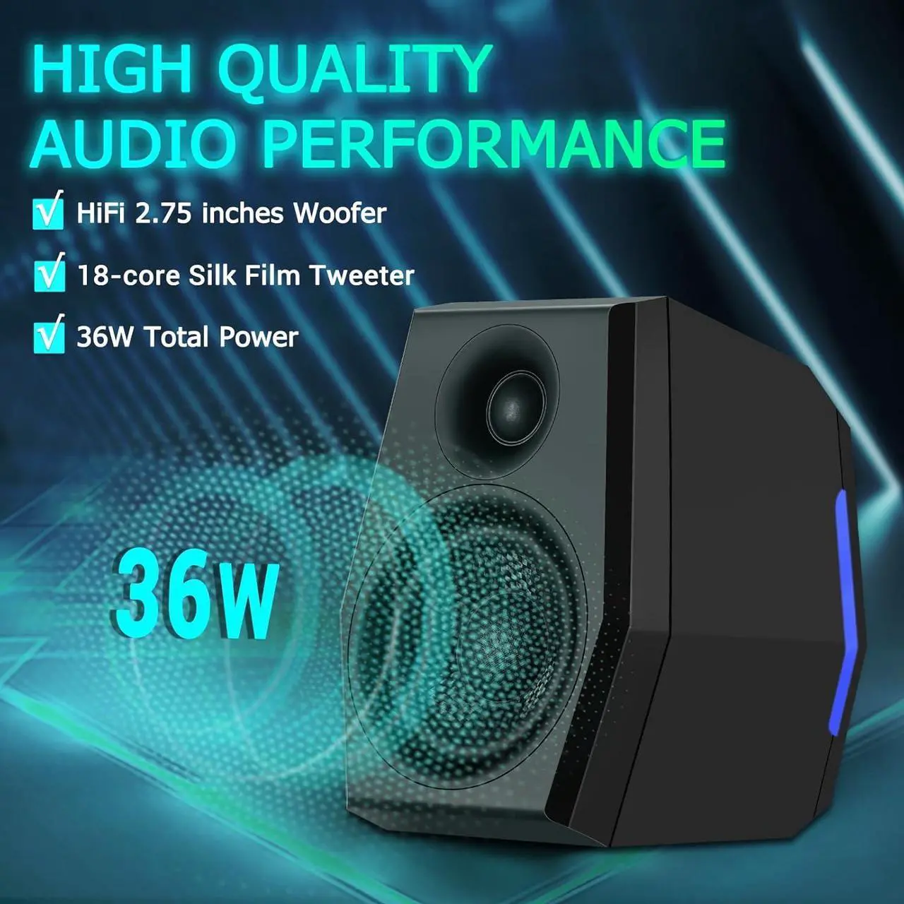 Alt view image 2 of 7 - SW209 36W Computer Gaming PC Speakers - 2.75" Fiberglass Woofer and Silk Dome Tweeter - Built-in 24bit DAC Dynamic 3D Surround Sound - Bluetooth 5.2 USB 3.5mm Aux Inputs - RGB Light - Black