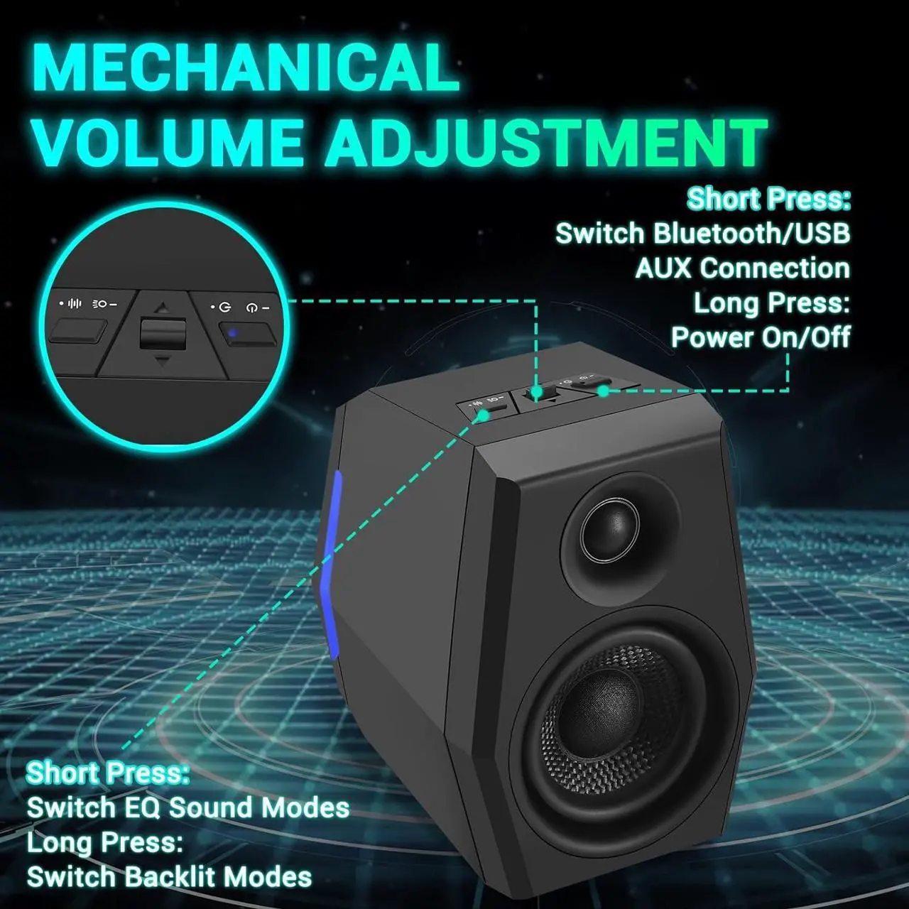 Alt view image 5 of 7 - SW209 36W Computer Gaming PC Speakers - 2.75" Fiberglass Woofer and Silk Dome Tweeter - Built-in 24bit DAC Dynamic 3D Surround Sound - Bluetooth 5.2 USB 3.5mm Aux Inputs - RGB Light - Black