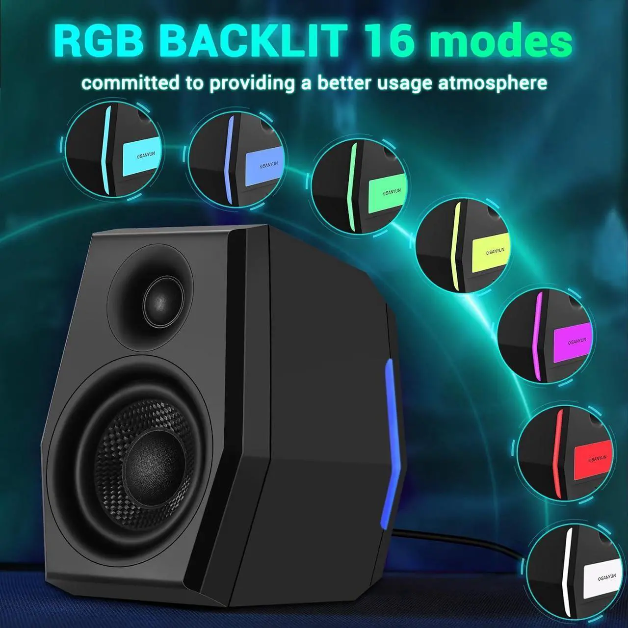 Alt view image 6 of 7 - SW209 36W Computer Gaming PC Speakers - 2.75" Fiberglass Woofer and Silk Dome Tweeter - Built-in 24bit DAC Dynamic 3D Surround Sound - Bluetooth 5.2 USB 3.5mm Aux Inputs - RGB Light - Black