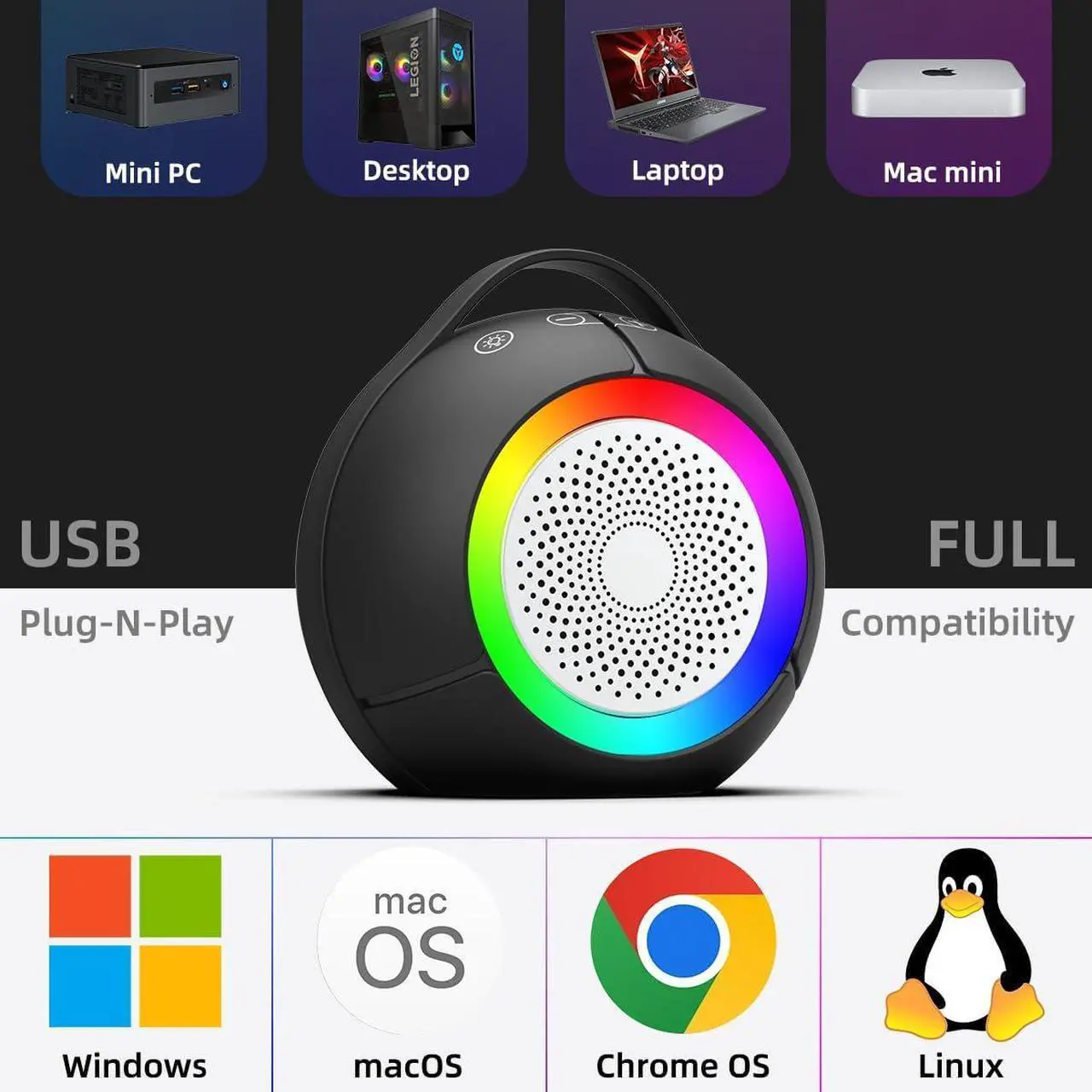 Alt view image 6 of 7 - USB Computer Speakers for Desktop PC | Portable Plug-N-Play Laptop Speakers with Dynamic RGB Light, Ultra-Clear Sound, Loud Volume, Deep Bass, Touch Control, Compatible with Windows, macOS, ChromeOS