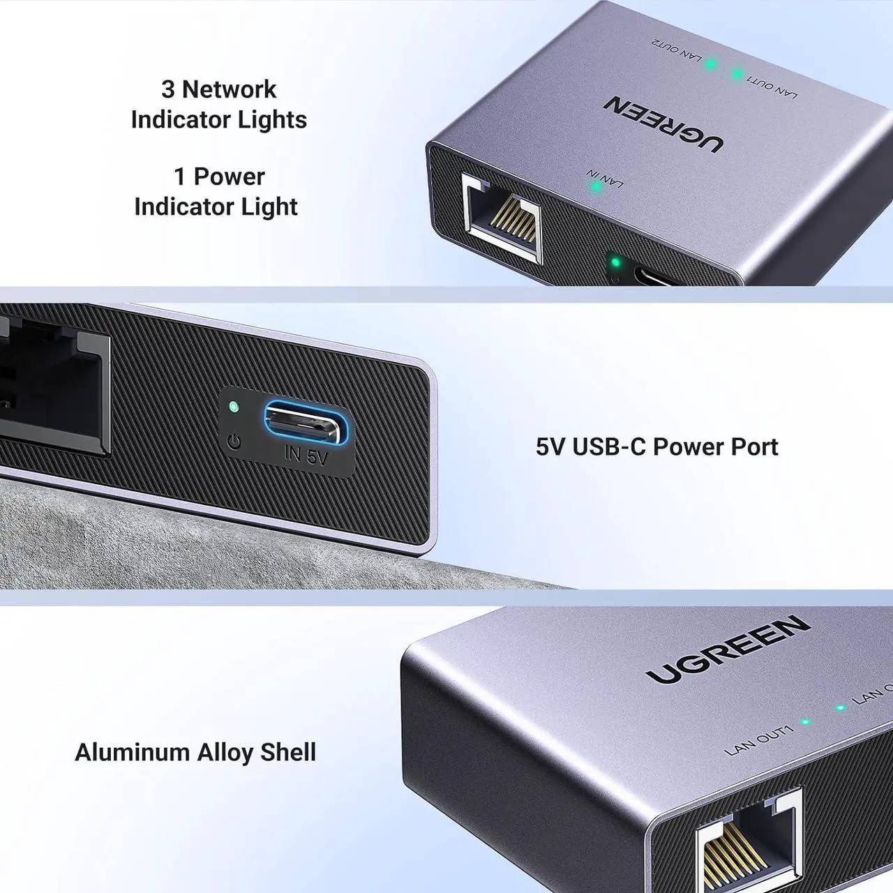 Alt view image 6 of 7 - UGREEN 1000Mbps Ethernet Splitter 1 to 2, Plug and Play, 2 Devices Simultaneously Networking, 3FT USB Power Cable, RJ45 Internet Ethernet Switch for PC, Laptop, PS5, Xbox, TV