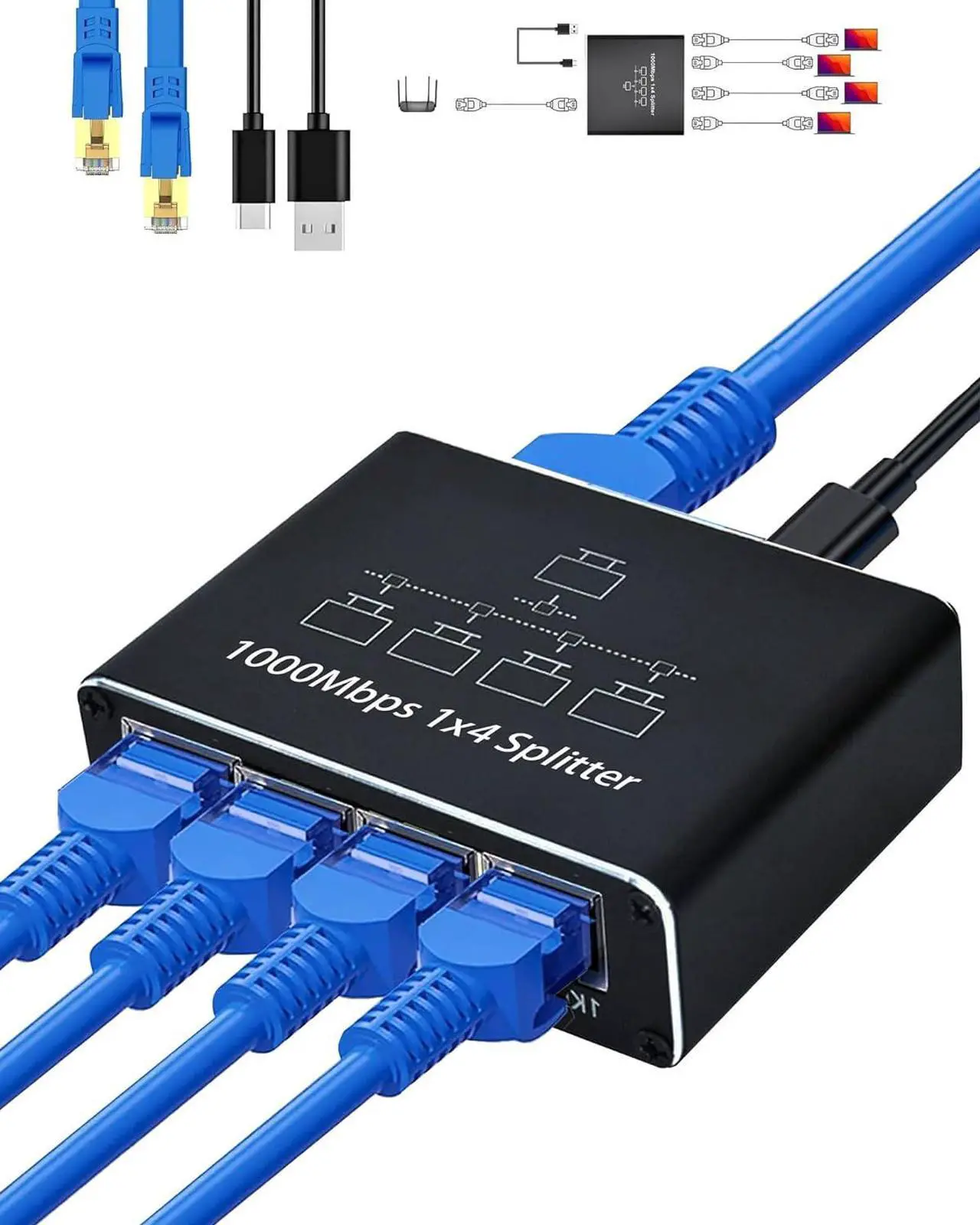 Main image of Ethernet Splitter 1 to 4, 1000Mbps High Speed Ethernet Cable Splitter with LAN Cable Cat 6 [4 Devices Simultaneous Networking], Gigabit RJ45 LAN Network Extension for Cat8/7/6/5e/5 Cable