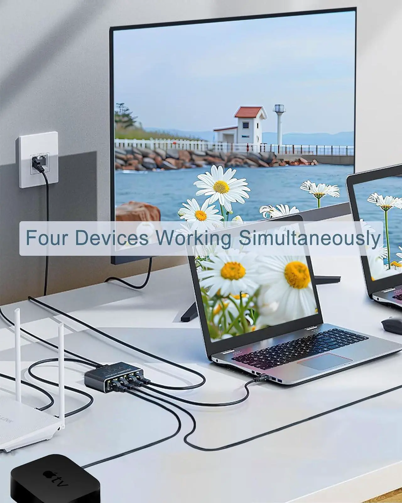 Alt view image 2 of 7 - Ethernet Splitter 1 to 4, 1000Mbps High Speed Ethernet Cable Splitter with LAN Cable Cat 6 [4 Devices Simultaneous Networking], Gigabit RJ45 LAN Network Extension for Cat8/7/6/5e/5 Cable