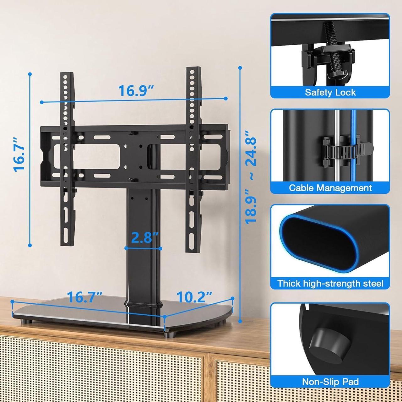 Alt view image 6 of 7 - Rfiver Universal Swivel TV Stand for 27-50 55 60 Inch TVs, Height Adjustable Table Top TV Stand Mount Hold up to 88 lbs, Pedestal TV Stands with Tempered Glass Base, Replacement TV Mount Stand