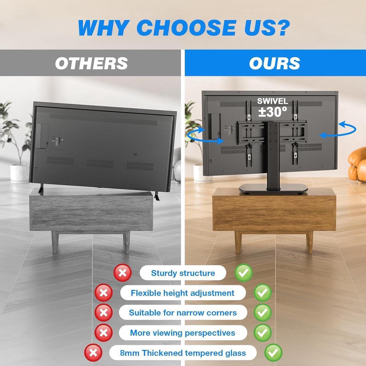 Alt view image 7 of 7 - Rfiver Universal Swivel TV Stand for 27-50 55 60 Inch TVs, Height Adjustable Table Top TV Stand Mount Hold up to 88 lbs, Pedestal TV Stands with Tempered Glass Base, Replacement TV Mount Stand