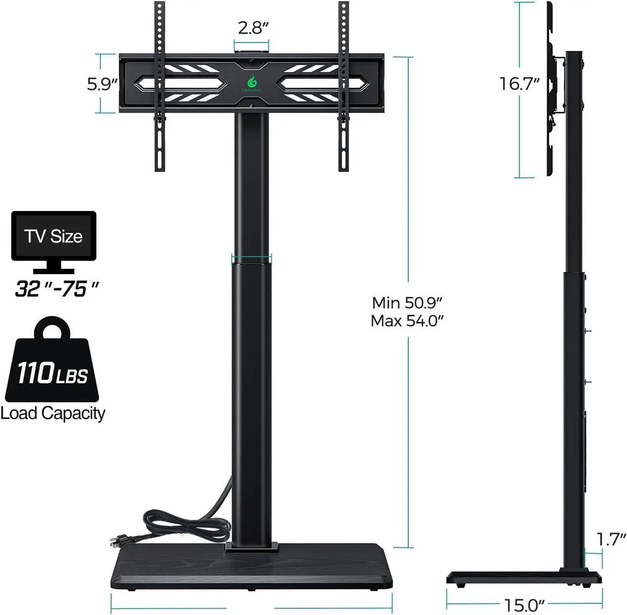 Alt view image 3 of 7 - Greenstell TV Stand with Power Outlet, Universal Floor TV Stand for 32-75 inch TVs, Height Adjustable, Swivel Tall TV Stand with Wood Base, Holds up to 110 LBs, Max VESA 600x400mm