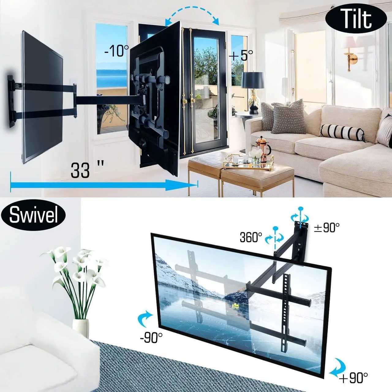 Alt view image 3 of 7 - FORGING MOUNT Corner TV Wall Mount Long Arm TV Mount Bracket for 32"-75" TVs-Easy to Install Single Stud Design- 33" of Smooth Extension Plus Swivel,Tilt,Max VESA 600X400mm,Holds 100lbs