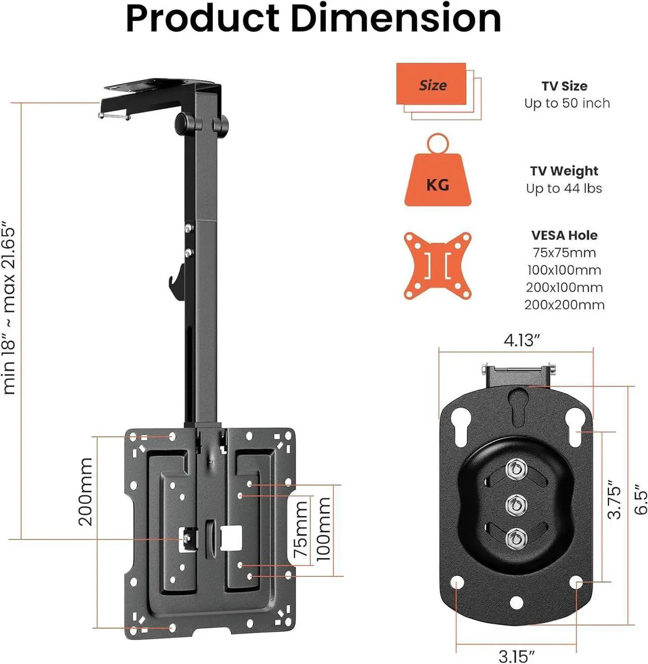 Alt view image 5 of 7 - Flip Down Ceiling TV-Mount for 19-50-inch - Manual Folding Height Adjustable Drop Down TV Mount for Flat and Pitched Roof, Swivel, Max Load 44 lbs, Max VESA 200x200 mm, Black