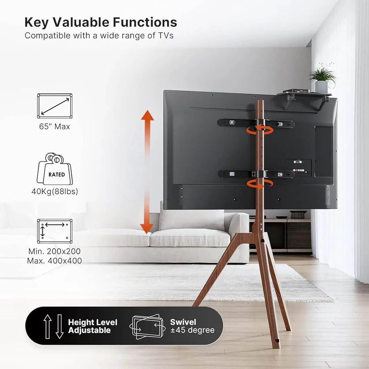 Alt view image 3 of 7 - PUTORSEN Premium Wood Easel TV Stand, Adjustable TV Tripod Stand for 45-65 Inch LED LCD Screen, Swivel TV Floor Stand with Top TV Shelf and Magnetic Concealed Cable Management, Max Load 88lbs, Walnut
