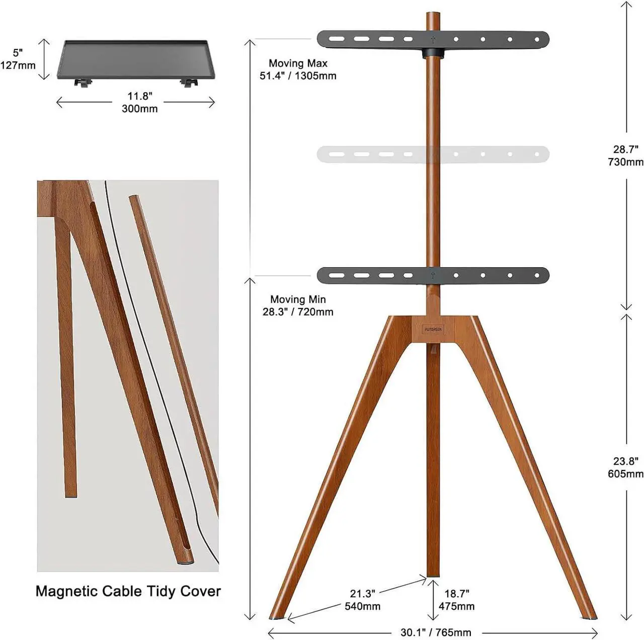 Alt view image 4 of 7 - PUTORSEN Premium Wood Easel TV Stand, Adjustable TV Tripod Stand for 45-65 Inch LED LCD Screen, Swivel TV Floor Stand with Top TV Shelf and Magnetic Concealed Cable Management, Max Load 88lbs, Walnut