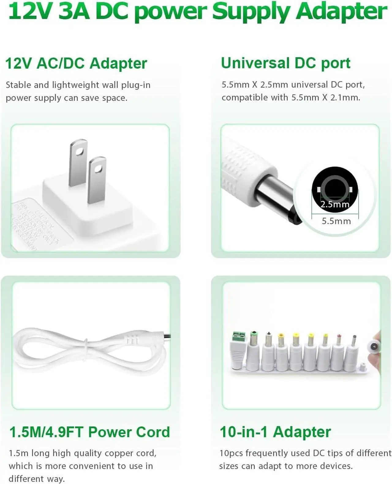 Alt view image 2 of 6 - 12V DC Power Supply 12V 3A Power Adapter 36W AC 100V-240V to DC 12Volt 3amp AC/DC Charger Power Cord 12V 2.5A 2A 1.5A 1A 800mA 500mA for Security Camera GPS Webcam Microphone Receiver w/ 10TIPS