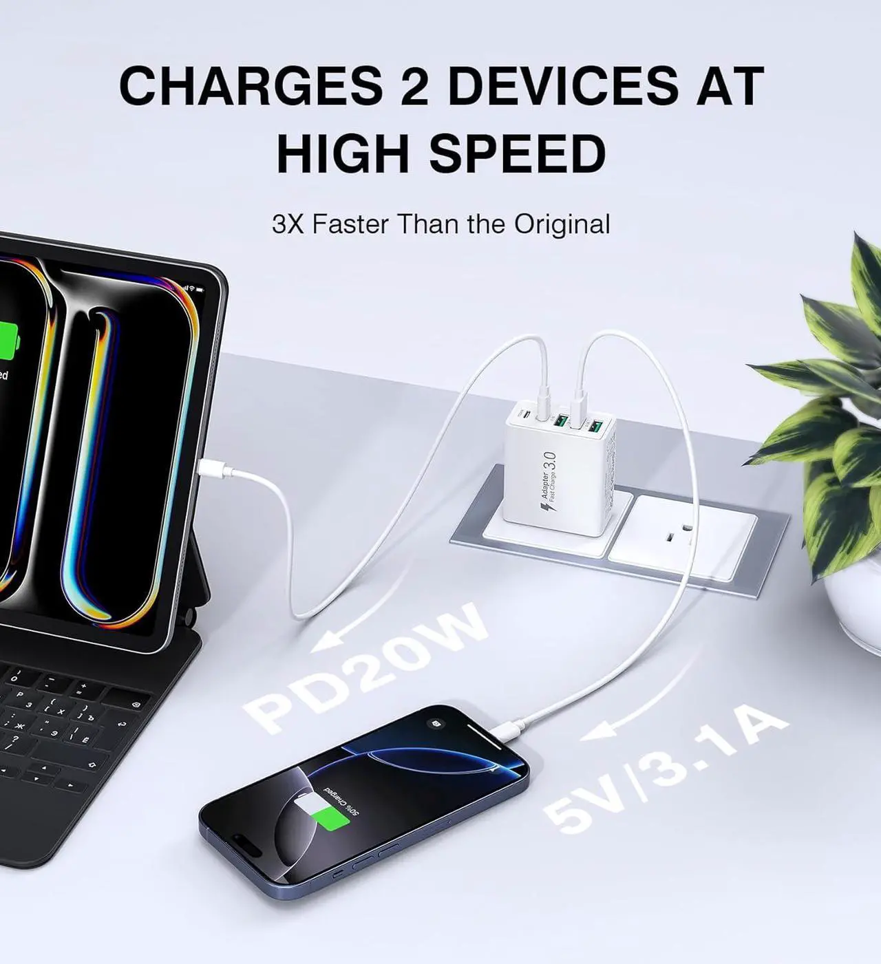Alt view image 3 of 7 - [2-Pack] USB C Wall Charger, 50W 5-Port PD Fast USB C Charging Block,2USB C+3USB A Multiport Plug,Type C Power Adapter Brick Cube for iPhone 16/15/14/13/12/Pro Max/XS,iPad,for Switch,Samsung,Ultra 2
