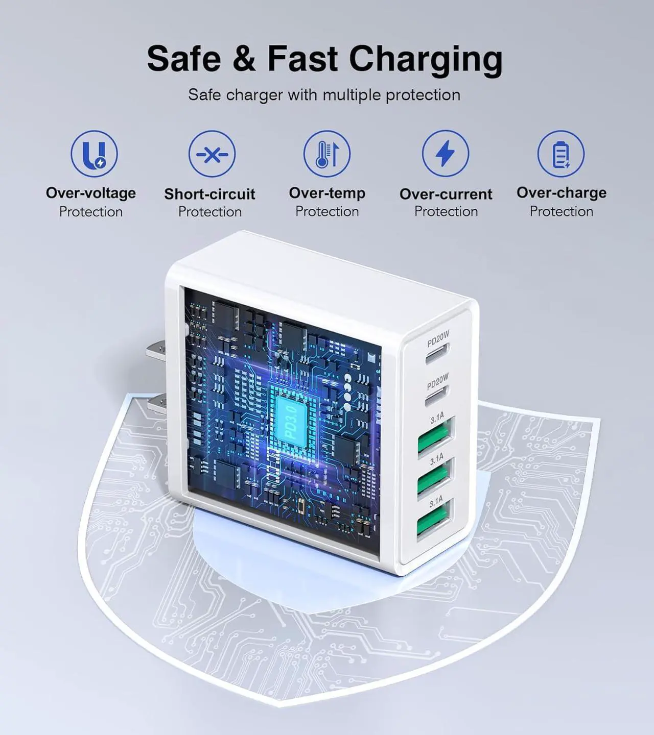 Alt view image 7 of 7 - [2-Pack] USB C Wall Charger, 50W 5-Port PD Fast USB C Charging Block,2USB C+3USB A Multiport Plug,Type C Power Adapter Brick Cube for iPhone 16/15/14/13/12/Pro Max/XS,iPad,for Switch,Samsung,Ultra 2