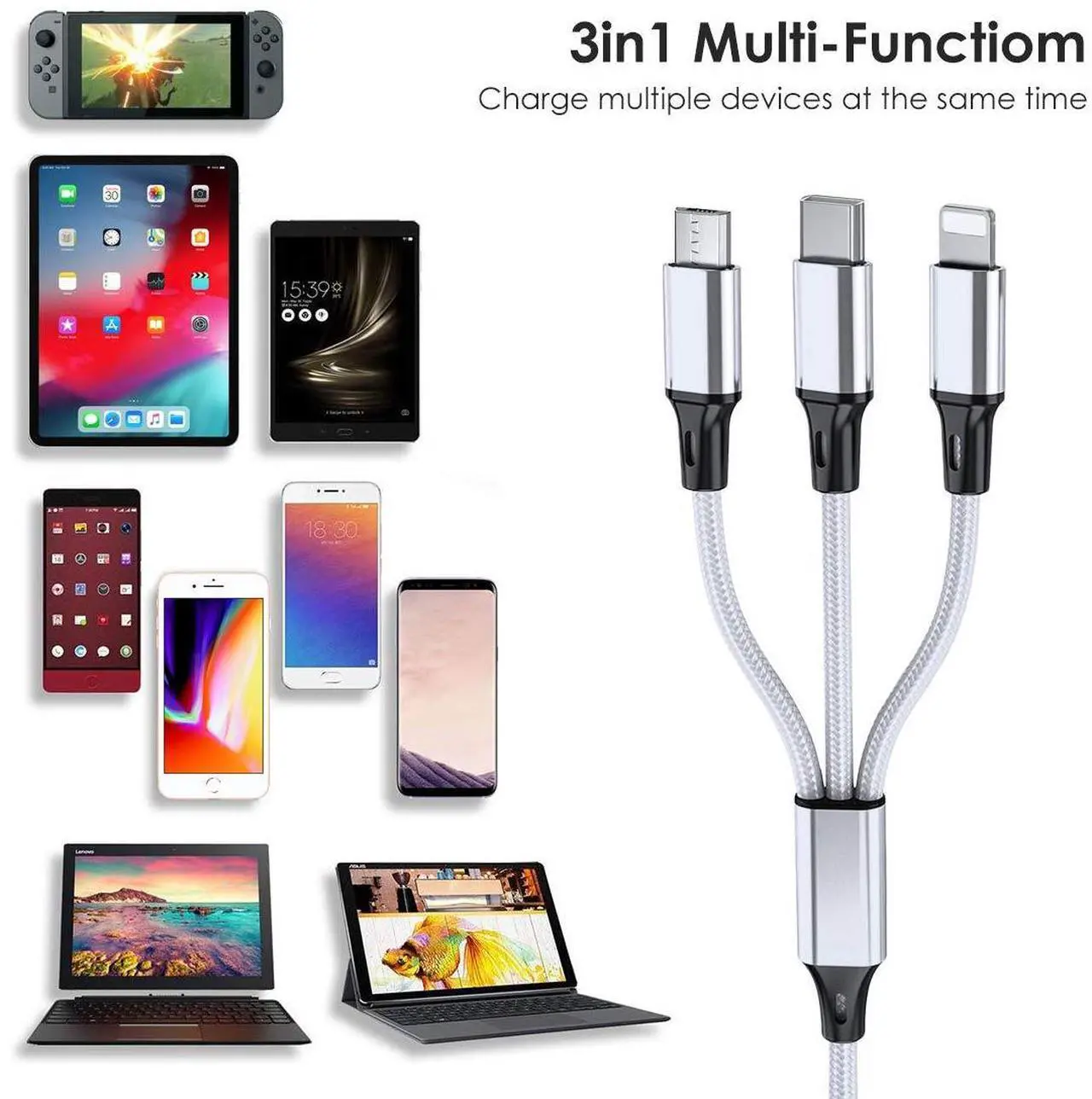 Alt view image 6 of 7 - Multi Charging Cable, 10ft 2Pack Multi Phone Charger Cable Braided Universal 3 in 1 Charging Cord Extra Long Multiple USB Cable with USB C, Micro USB Port Connectors for Cell Phones and More