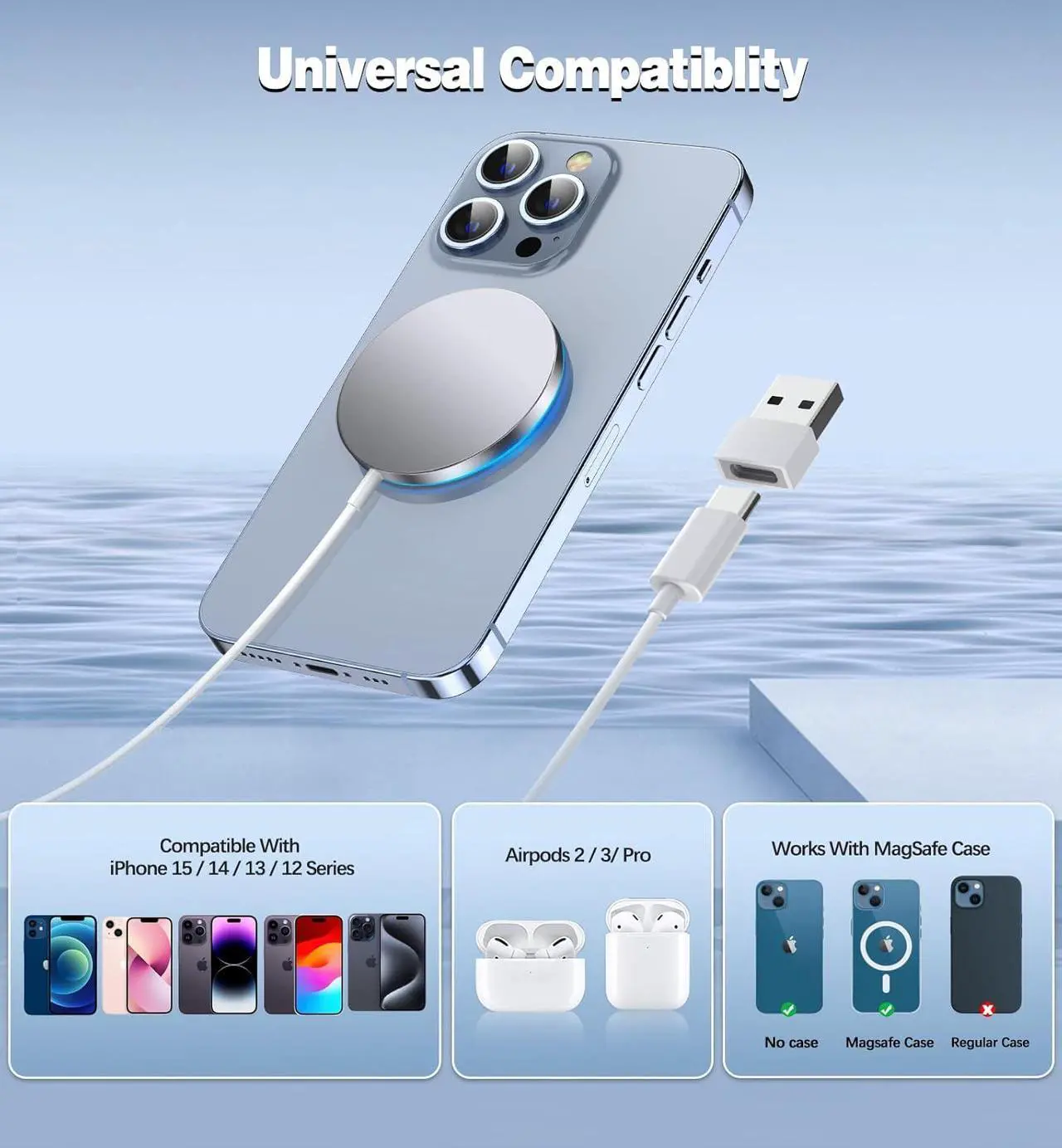 Alt view image 2 of 6 - Magnetic Wireless Charger 15W Fast Charging Apple Mag-Safe Charger for iPhone 15/14/13/12 Pro/Max/Plus/Mini and AirPods 3/2/Pro 2/Pro Portable Magnet Charger Pad with Dual Charging Ports