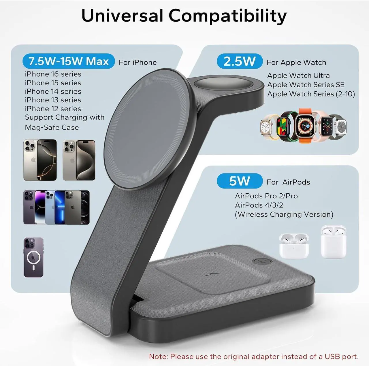 Alt view image 5 of 7 - 3 in 1 Foldable Wireless Charging Station for MagSafe, Travel Magnetic Charger Stand for iPhone 16 15 14 13 Pro Max, Nightstand Charging Dock with Night Light for Apple Watch/AirPods (Gray)