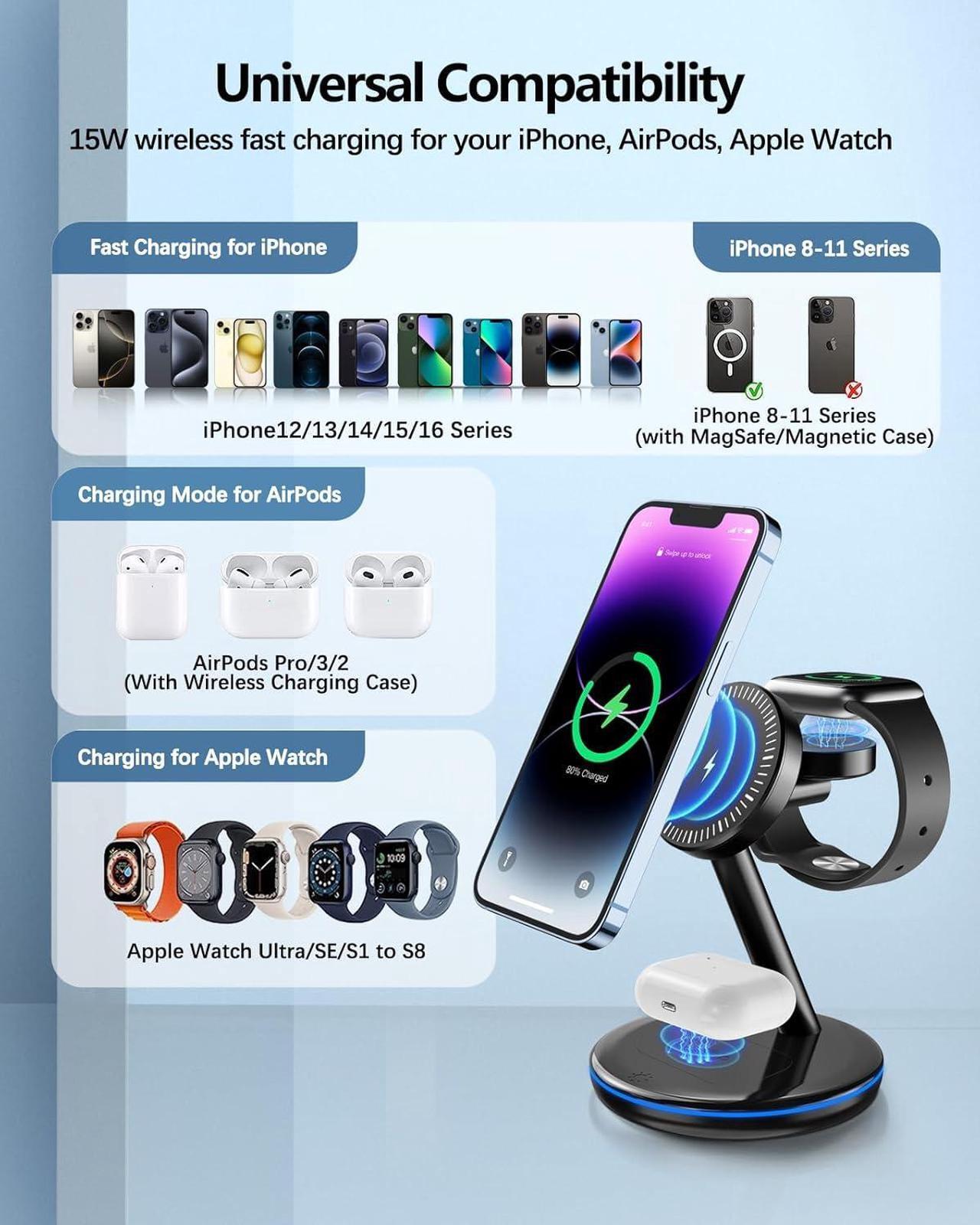 Alt view image 4 of 6 - 3 in 1 Charging Station for Apple Devices 18W Fast Mag-Safe Charger Stand Magnetic Wireless Charger Station for iPhone16 15 14 13 12 Pro/Pro Max/Plus/Mini AirPods 2/3/Pro iWatch Ultra/8/7/SE/6/5/4/3/2