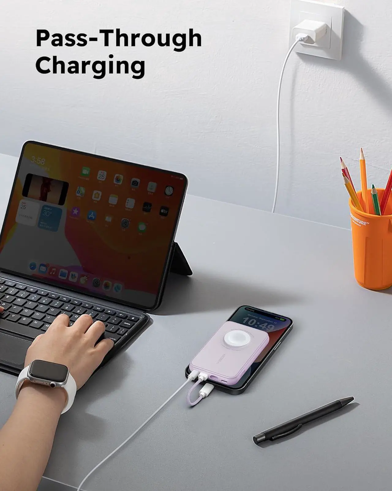 Alt view image 7 of 7 - VEGER Portable Charger with Built in Cable(Removable), 10000mAh Mini Power Bank Battery Pack, PD 20W Fast Charger Travel Accessory Compatible with iPhone 15/14/13 Pro Max, Sumsang, Apple Watch-Purple