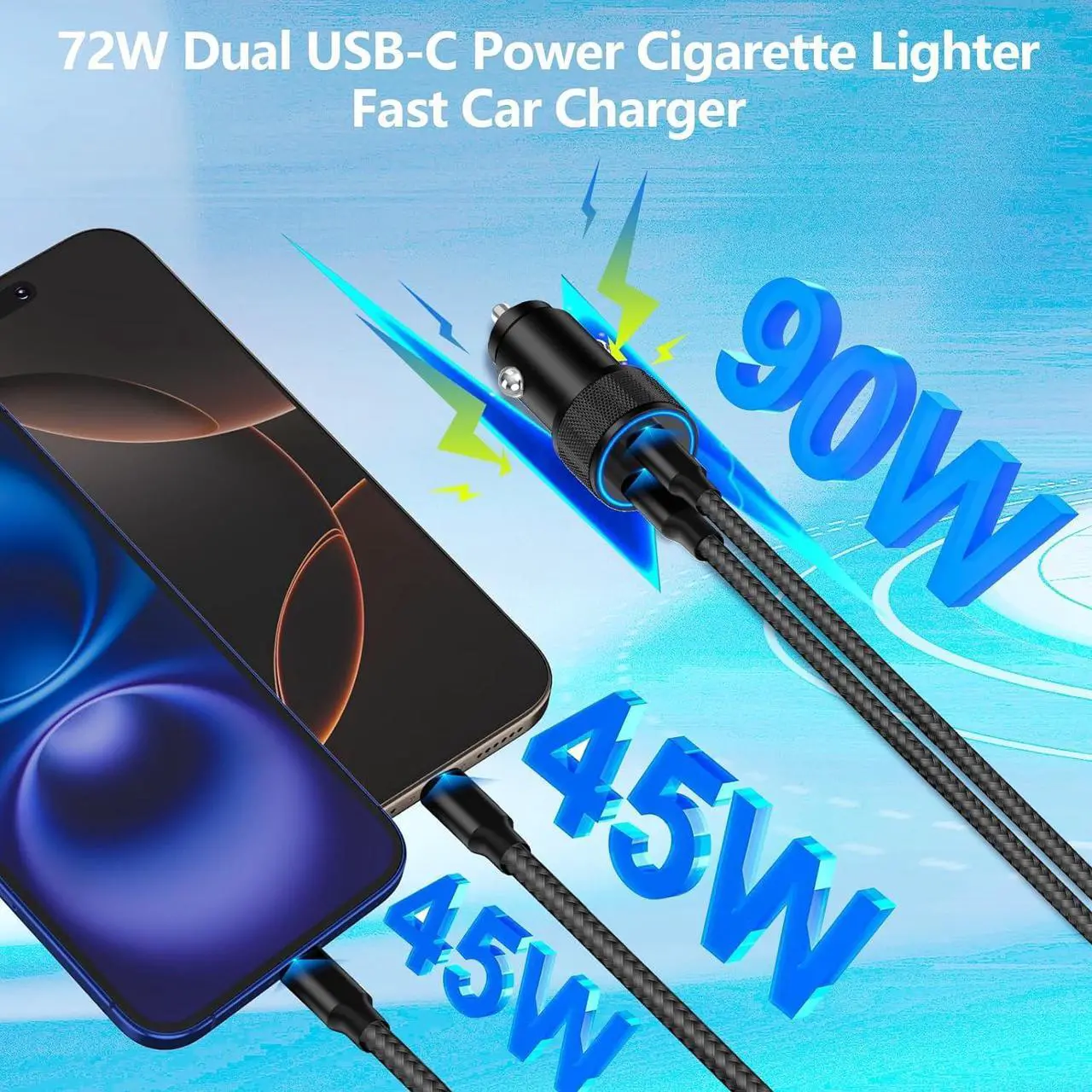 Alt view image 3 of 6 - Apple MFi Certified iPhone Fast Charger, Linocell 90W Dual PD Car Power Cigarette Lighter USB-C Carplay Charger with 2Pack Type-C Braided Cable for iPhone 16/16 Pro/16 Pro Max/15/15 Pro/iPad