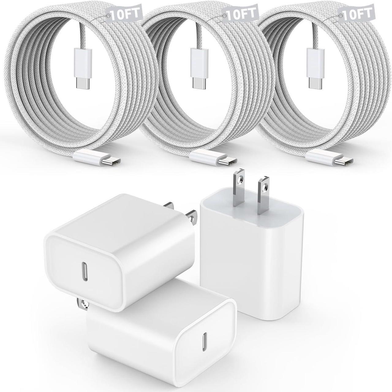 Main image of [3 Pack]Long 10FT iPhone 16 15 Charger 20W Fast Wall Charger Block,10Foot USB C to C Braided Woven Cable Fast Charging for iPhone 16/16 Pro/16 Pro Max/16 Plus/iPhone 15/15 Pro/15 Pro Max/iPad 12.9 Pro