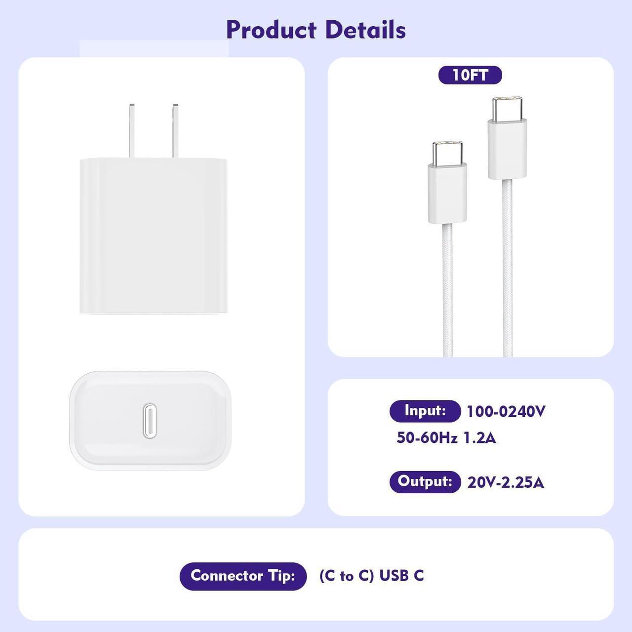 Alt view image 6 of 7 - [3 Pack]Long 10FT iPhone 16 15 Charger 20W Fast Wall Charger Block,10Foot USB C to C Braided Woven Cable Fast Charging for iPhone 16/16 Pro/16 Pro Max/16 Plus/iPhone 15/15 Pro/15 Pro Max/iPad 12.9 Pro