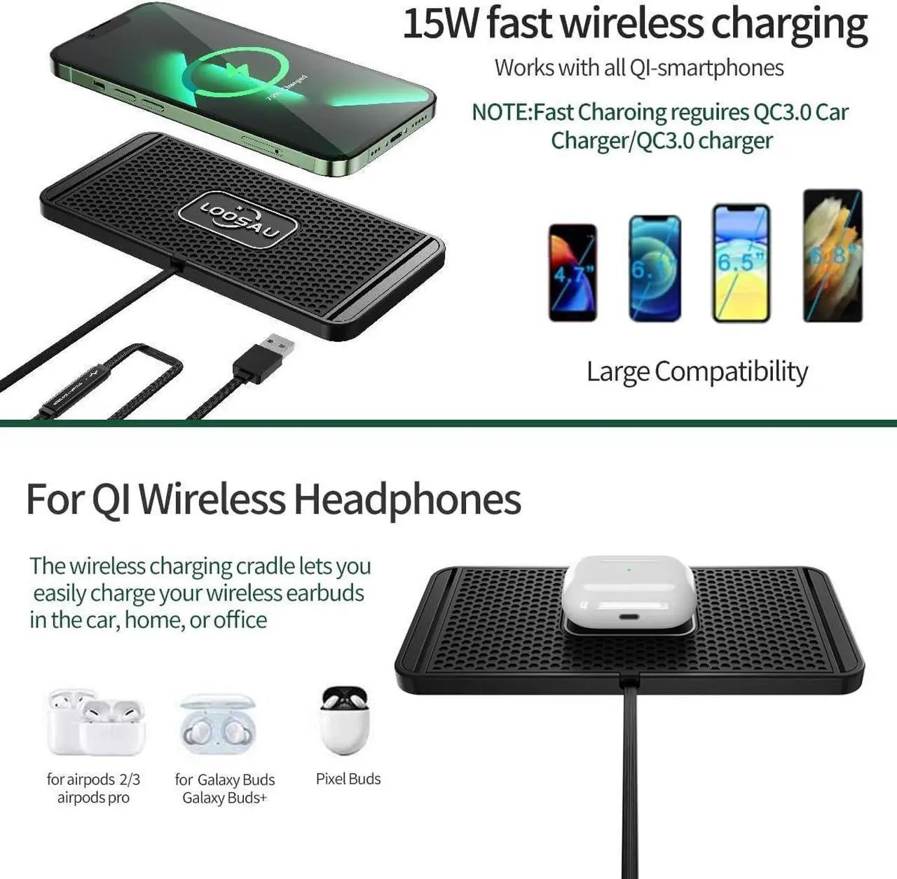 Alt view image 2 of 6 - Wireless car Charger Charging pad 15w Non Slip FastCharger for car Wireless Phone Charger for Android for iPhone 11/12/13/14/15/16 Pro Max Xs,Samsung Galaxy S20, S10+ Note 9LG