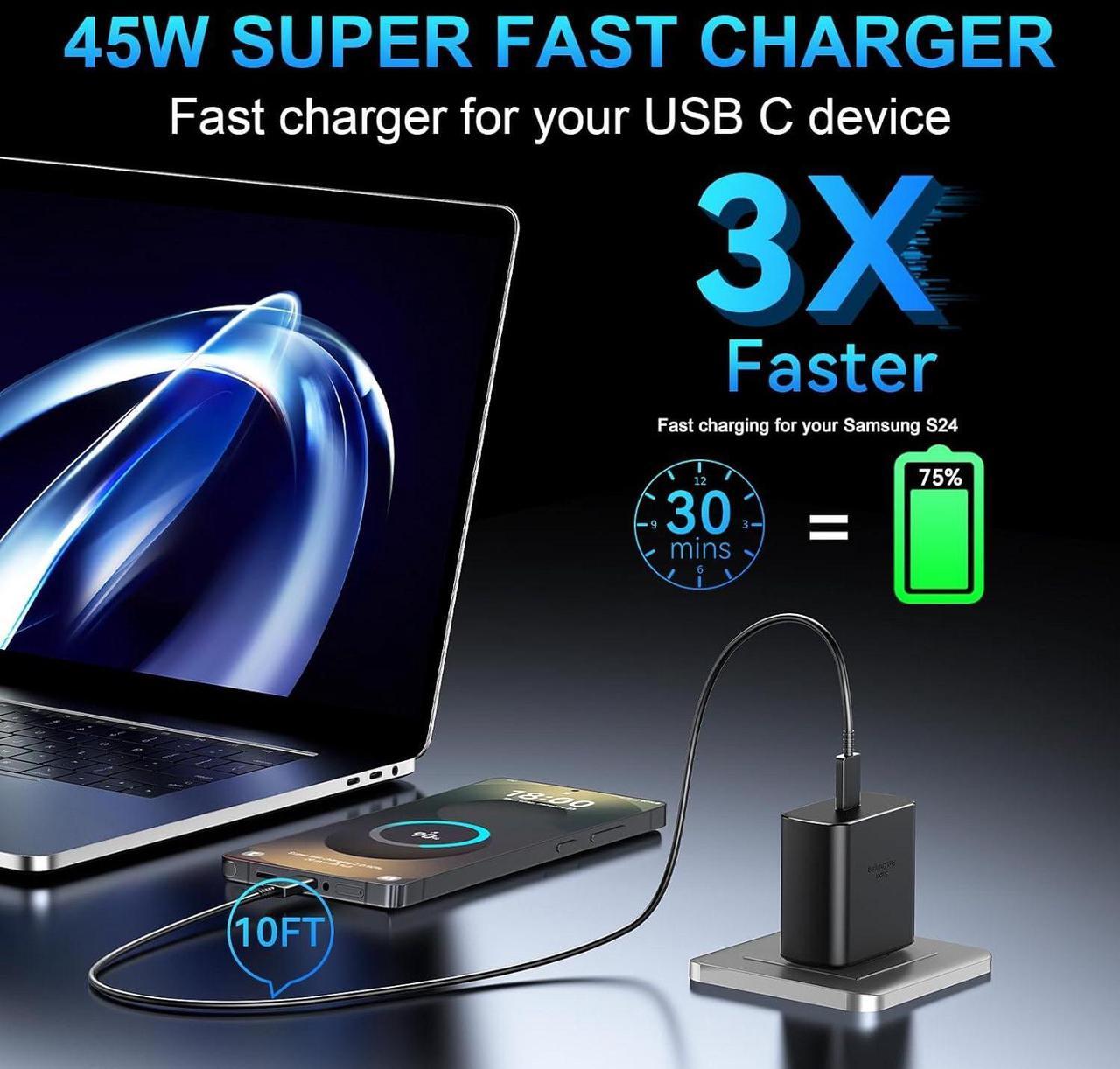 Alt view image 3 of 7 - S25 S24 S23 Ultra Charger 45W USB C Samsung Super Fast Charger Type C&10Ft Long C Charger Cable Cord Fast Charging Android Phone Charger Block for Samsung Galaxy S25Ultra/S25Plus/S25/S24Ultra/S24/S23
