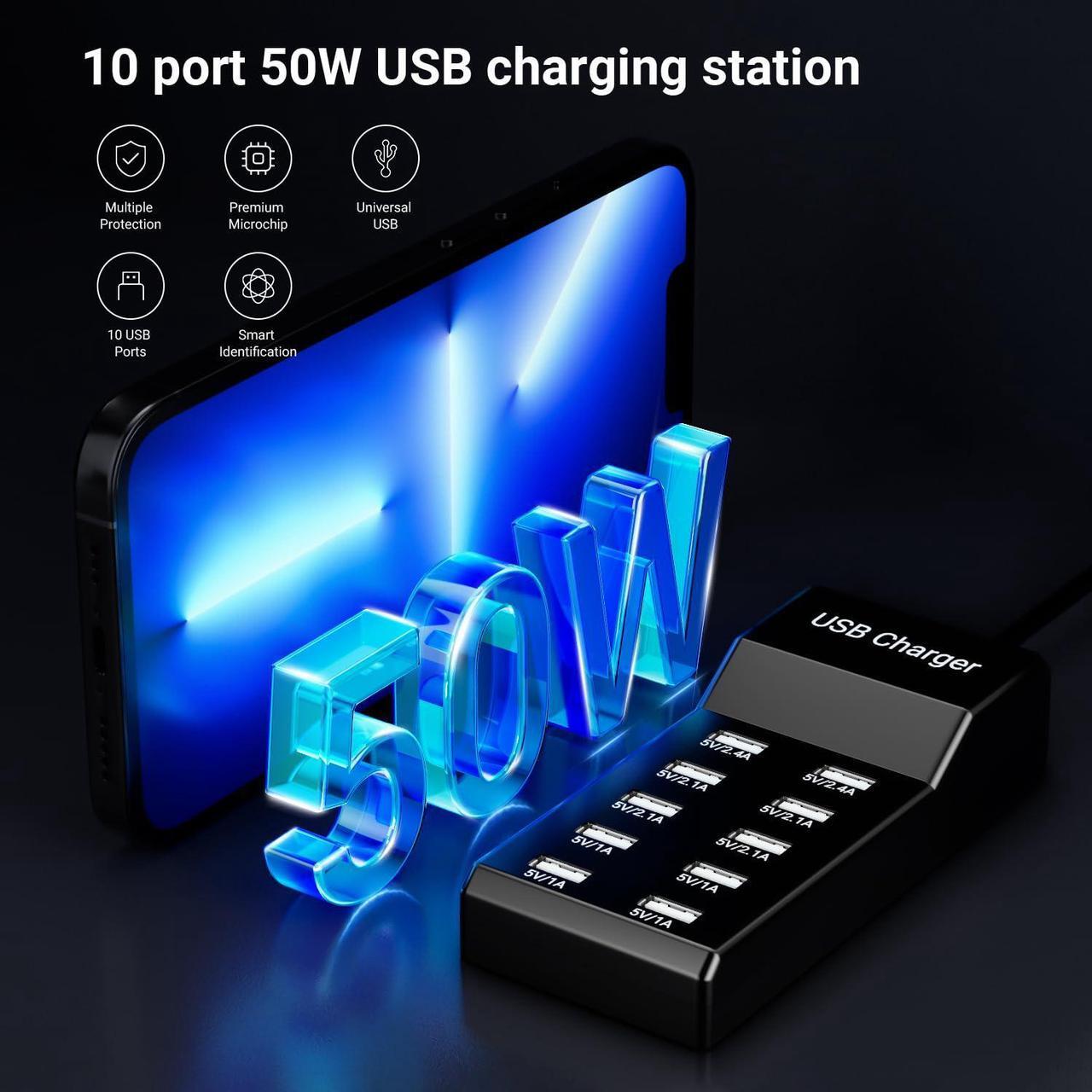 Alt view image 3 of 6 - USB Charger 50w10A 10 Port USB Charging Station, Multiport Charger Hub, Compatible with iPhone, Galaxy, iPad Tablet, and Other Devices (Black)