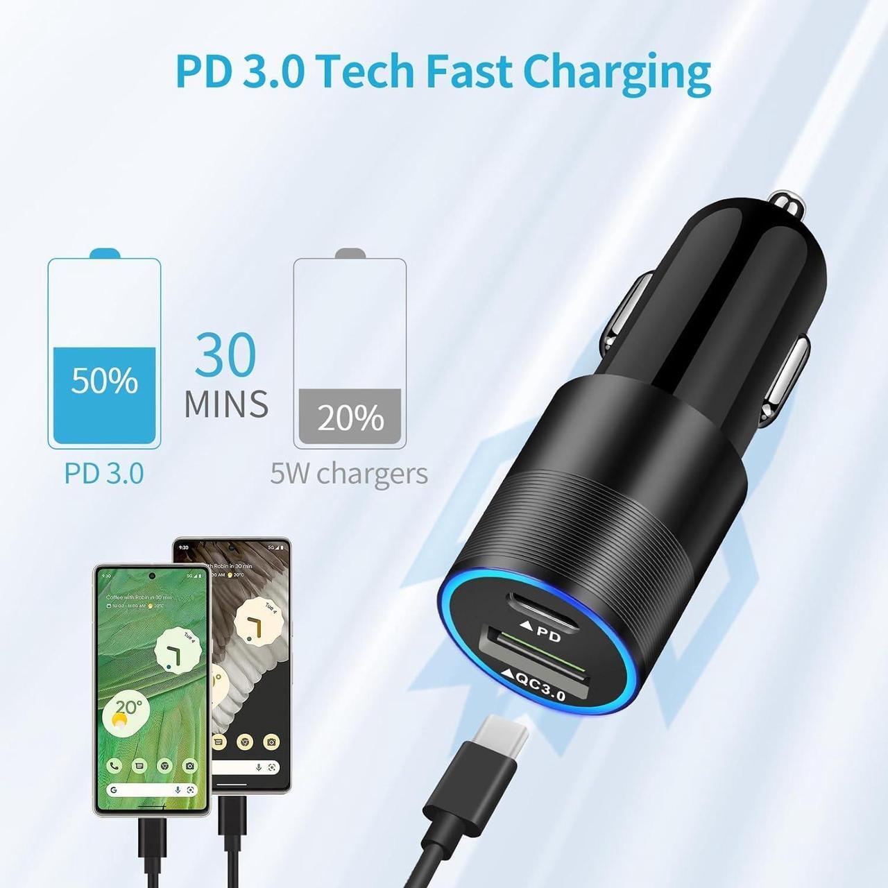 Alt view image 4 of 7 - USB C Fast Charger Kit for Google Pixel 9/9 Pro XL/8/8 Pro/7/7 Pro/6a/6 Pro/6/5a/4, Samsung Galaxy S24, Looptimo 30W PD&QC 3.0 Car Charging Adapter + 20W Wall Charger Block + 2 Pack Type C Cable 3.3ft