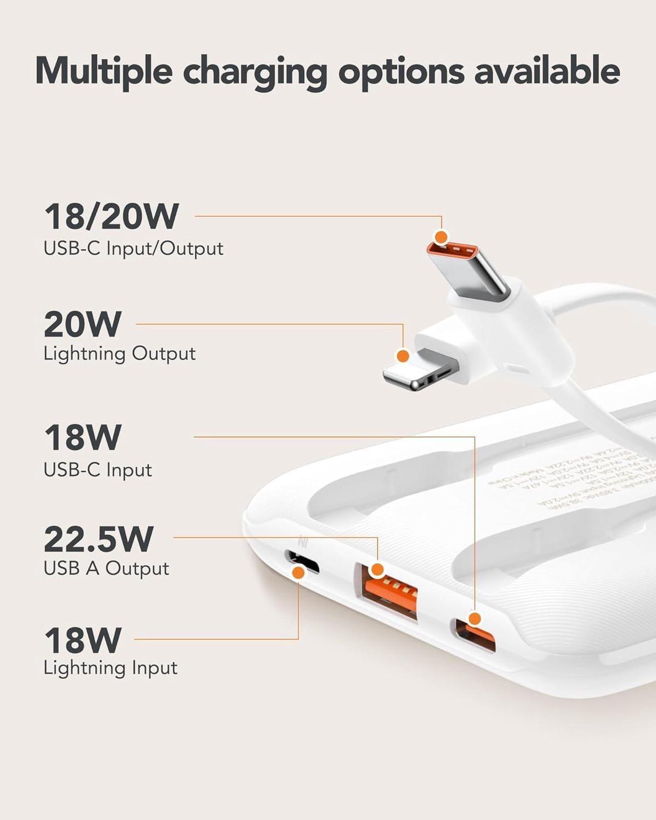 Alt view image 6 of 7 - Mini Portable Charger with Built-in Cables 22.5W Fast Charging Power Bank USB-C Small Battery Pack 10000mAh Travel Essential Slim Battery for iPhone, Samsung, Android, and More