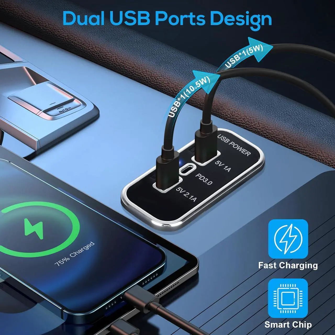 Alt view image 2 of 7 - 3 Ports 12V USB Outlet 3.1A Dual USB A Port & PD3.0 USB C Port Charger Socket Blue Light for Car Marine Truck