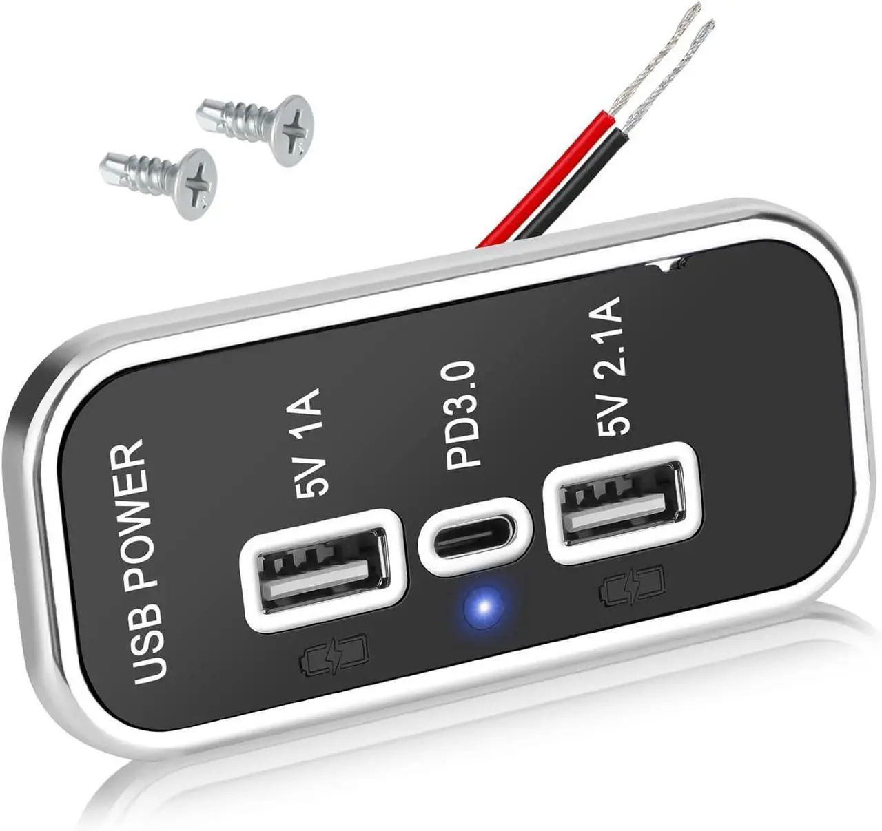 Main image of 3 Ports 12V USB Outlet 3.1A Dual USB A Port & PD3.0 USB C Port Charger Socket Blue Light for Car Marine Truck