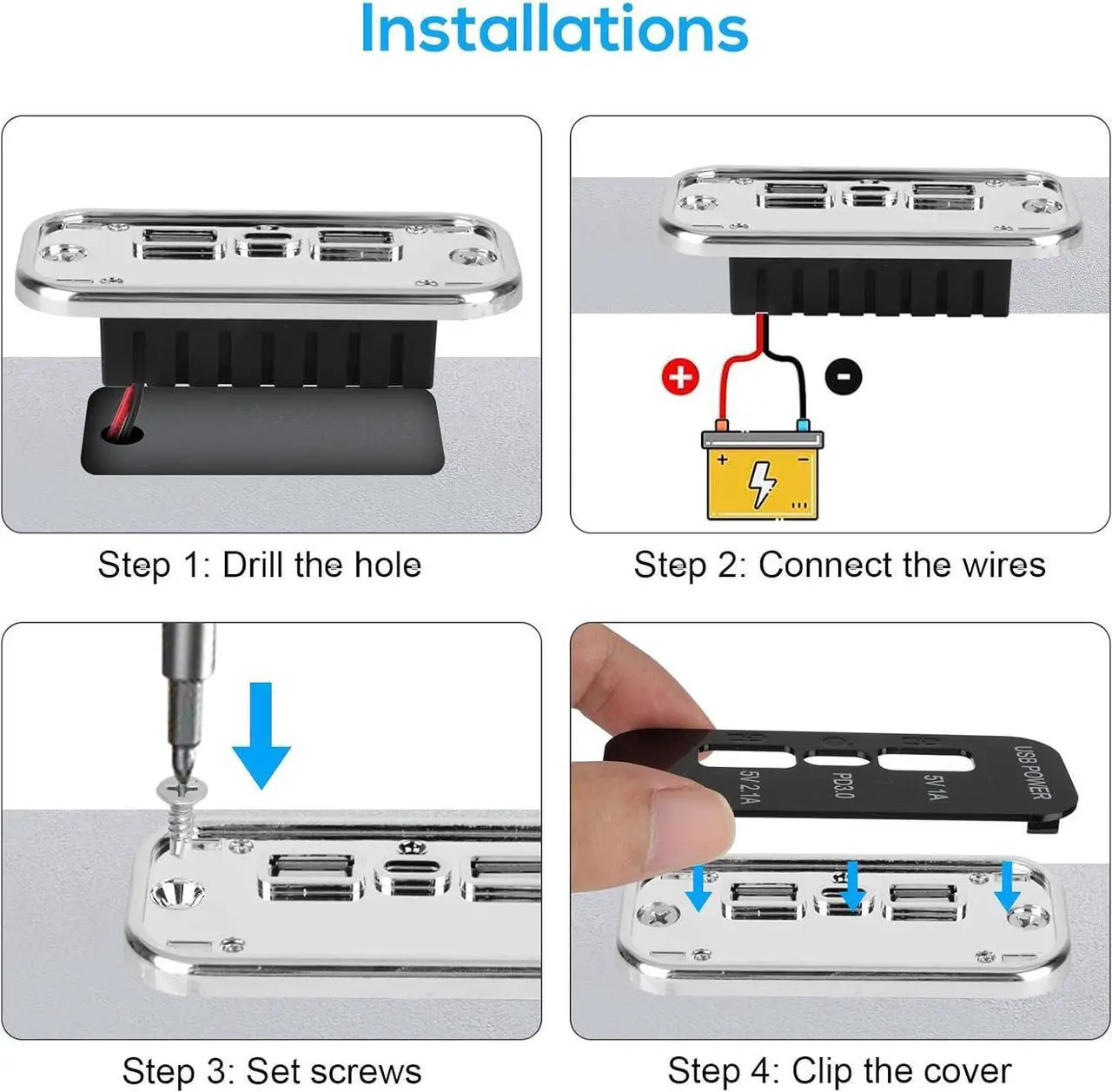 Alt view image 6 of 7 - 3 Ports 12V USB Outlet 3.1A Dual USB A Port & PD3.0 USB C Port Charger Socket Blue Light for Car Marine Truck