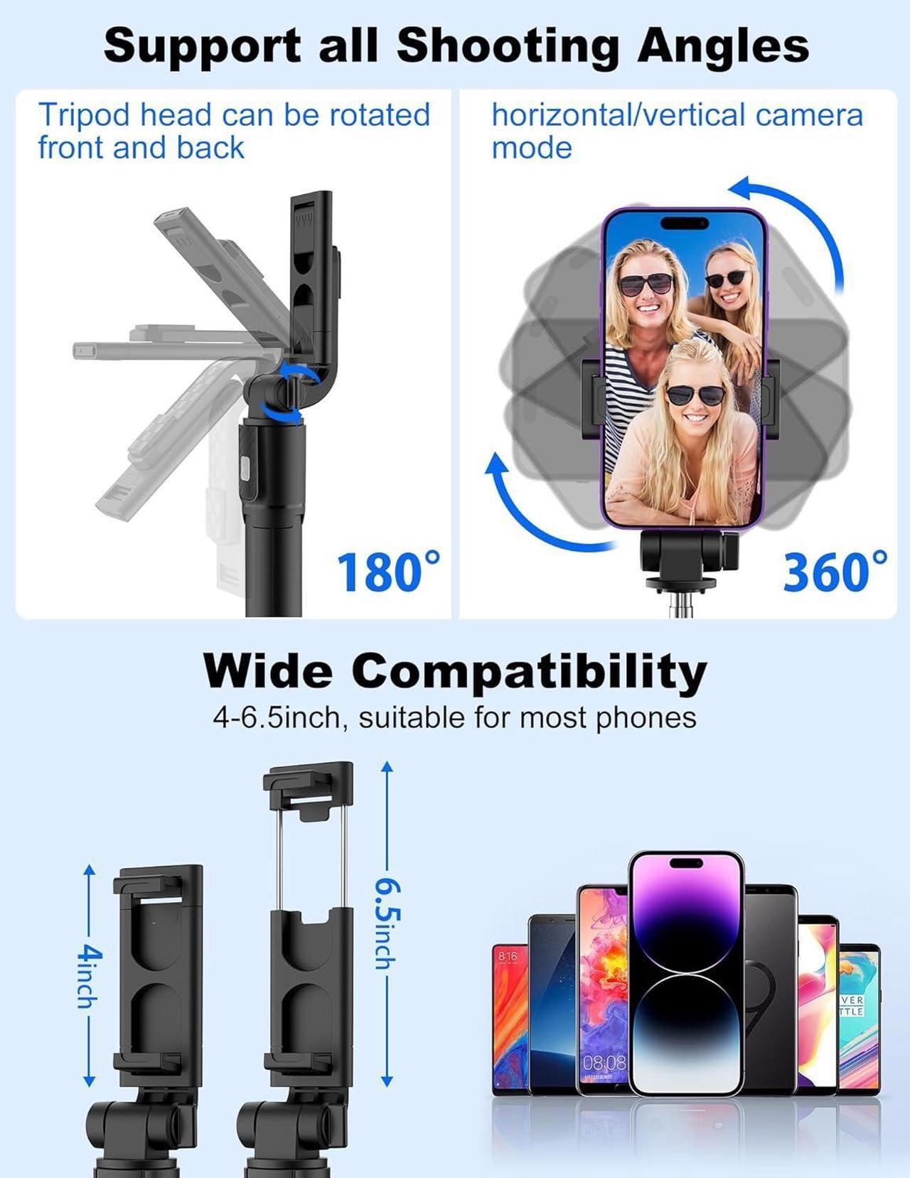 Alt view image 5 of 6 - Selfie Stick Tripod with Remote, Phone Tripod with Extendable Phone Holder, Portable Selfie StickTripod for iPhone Android TikTok YouTube Vlog
