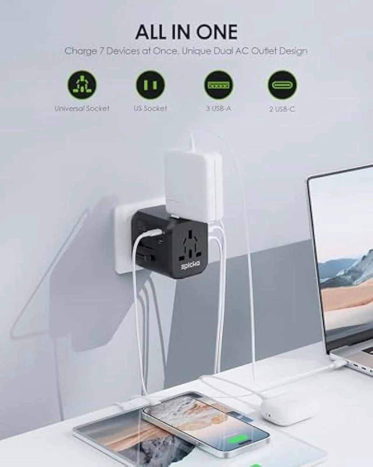 Alt view image 2 of 5 - EPICKA Universal Travel Adapter, International Plug Adapter with Dual AC Outlet, 2 USB-C 35W PD Fast Charging & 3 USB-A, All in One Worldwide Wall Charger (TA-205, Black)