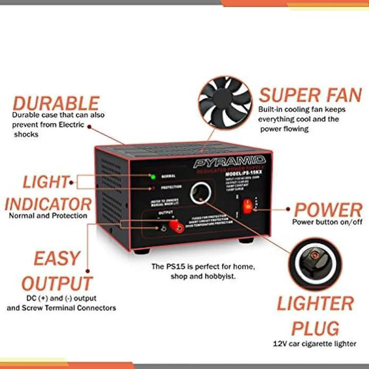 Alt view image 3 of 6 - Pyramid Universal Compact Bench Power Supply - 10 Amp Linear Regulated Home Lab Benchtop AC-to-DC Converter w/ 13.8 Volt DC 115V AC 250W Input, Screw Type Terminal, 12V Car Cigarette Lighter-PS15K.5