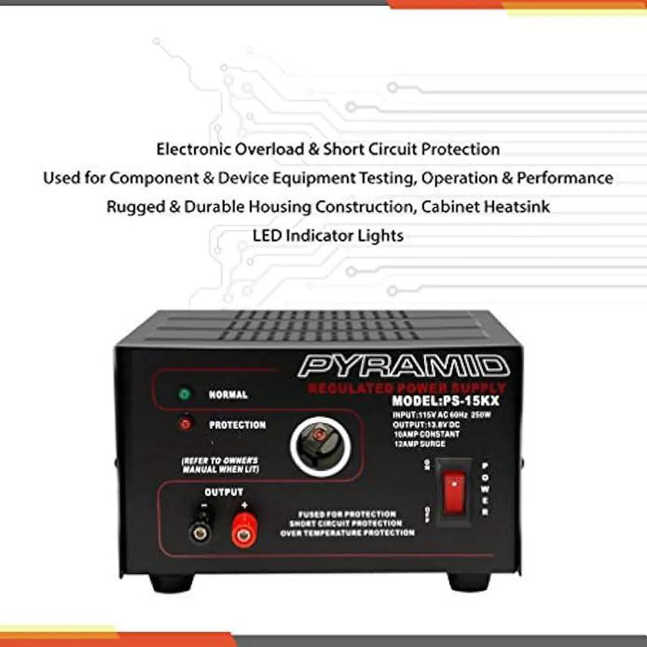 Alt view image 4 of 6 - Pyramid Universal Compact Bench Power Supply - 10 Amp Linear Regulated Home Lab Benchtop AC-to-DC Converter w/ 13.8 Volt DC 115V AC 250W Input, Screw Type Terminal, 12V Car Cigarette Lighter-PS15K.5